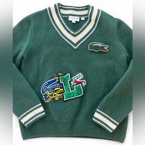 Lacoste Green Comic Badge V-Neck Sweater with Embroidered Design